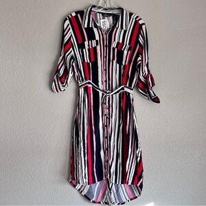 Asymmetrical Striped Knee Length button up A-line collared Shirt Dress NWT - M